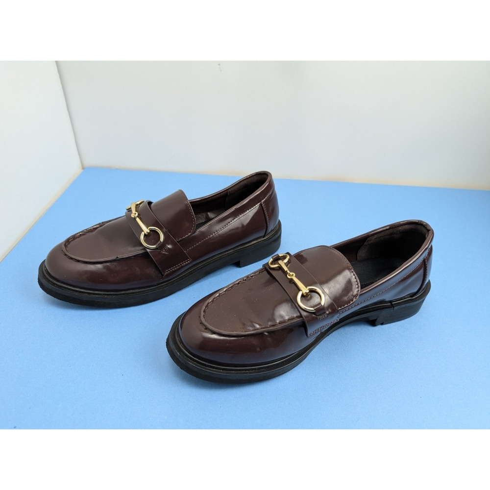 American Eagle Burgundy Brown Gold Buckle Accent Loafer Shoes Women Size 9